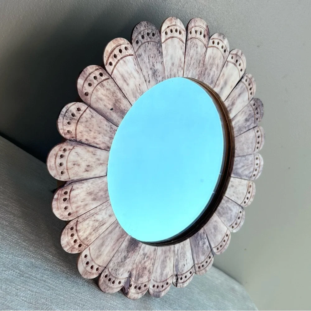 handcarved floral shaped mirror w/easel back natural organic petal